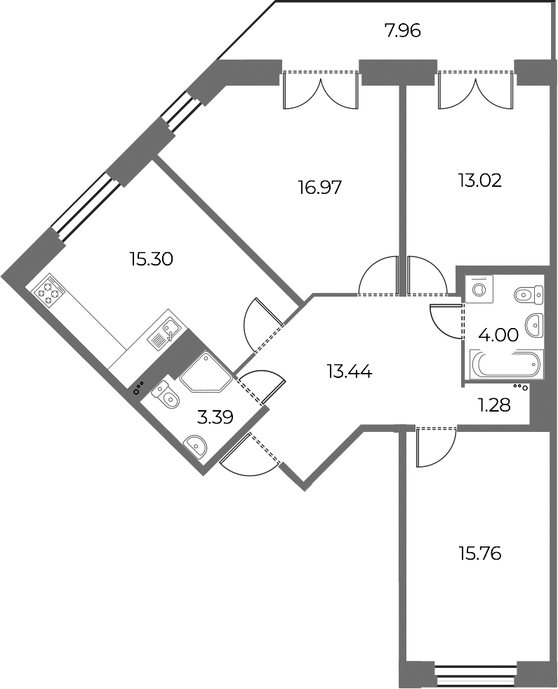 3-комнатная квартира 85.55 м², 12/20 эт., ЖК «Огни Залива»